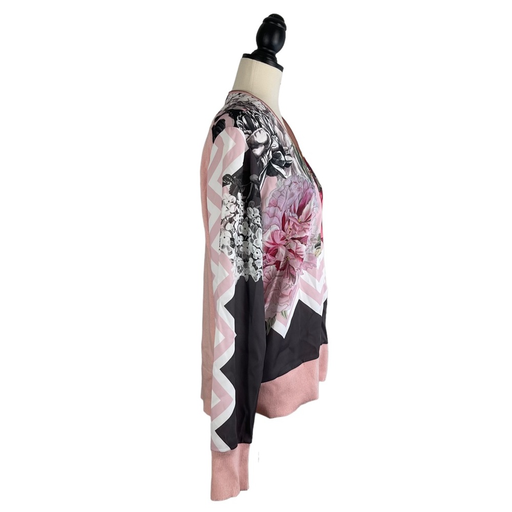 Ted Baker Bomber Jacket Pink Gray Mixed Floral Print Knit Back, Size 5 (US 12) - Picture 6 of 15